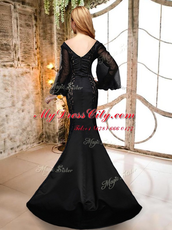 Hot Selling Black Mermaid Satin and Lace V-neck Long Sleeves Lace With Train Zipper Prom Party Dress Brush Train