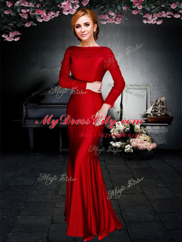 Custom Designed Ankle Length Red Prom Evening Gown Off The Shoulder Long Sleeves Zipper