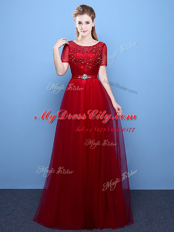 Tulle Scoop Short Sleeves Lace Up Beading Prom Gown in Wine Red