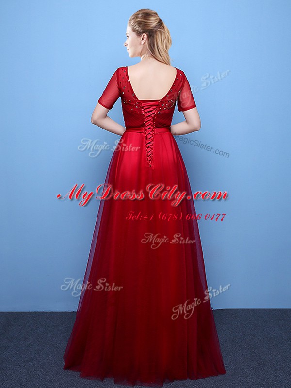 Tulle Scoop Short Sleeves Lace Up Beading Prom Gown in Wine Red