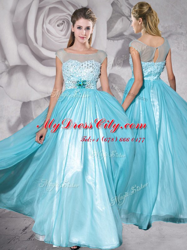 Aqua Blue Empire Chiffon Bateau Cap Sleeves Beading and Appliques Floor Length Zipper Homecoming Dress