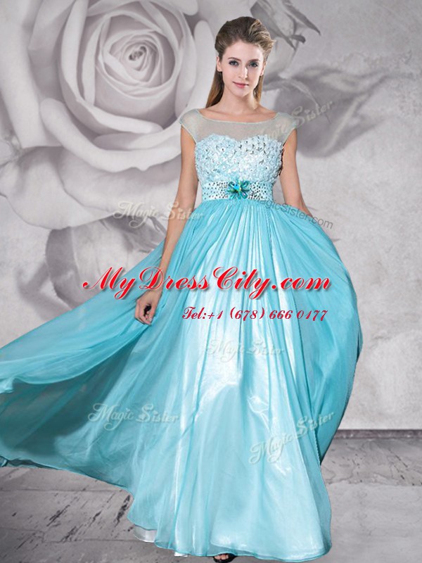 Aqua Blue Empire Chiffon Bateau Cap Sleeves Beading and Appliques Floor Length Zipper Homecoming Dress