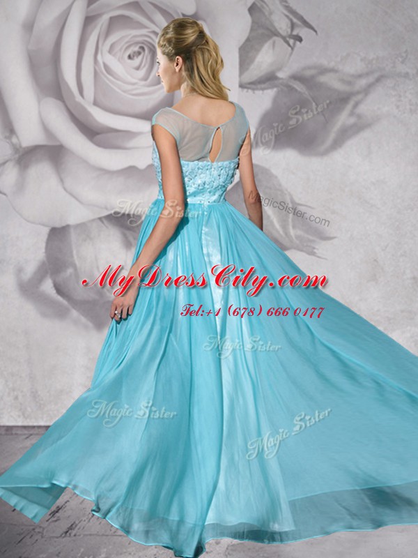 Aqua Blue Empire Chiffon Bateau Cap Sleeves Beading and Appliques Floor Length Zipper Homecoming Dress