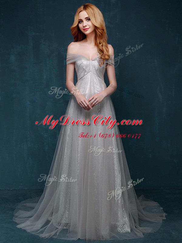 Noble Brush Train A-line Prom Dresses Grey One Shoulder Tulle and Lace Sleeveless With Train Zipper