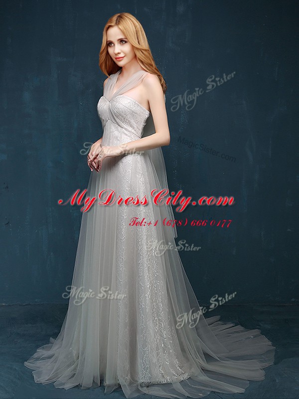 Noble Brush Train A-line Prom Dresses Grey One Shoulder Tulle and Lace Sleeveless With Train Zipper