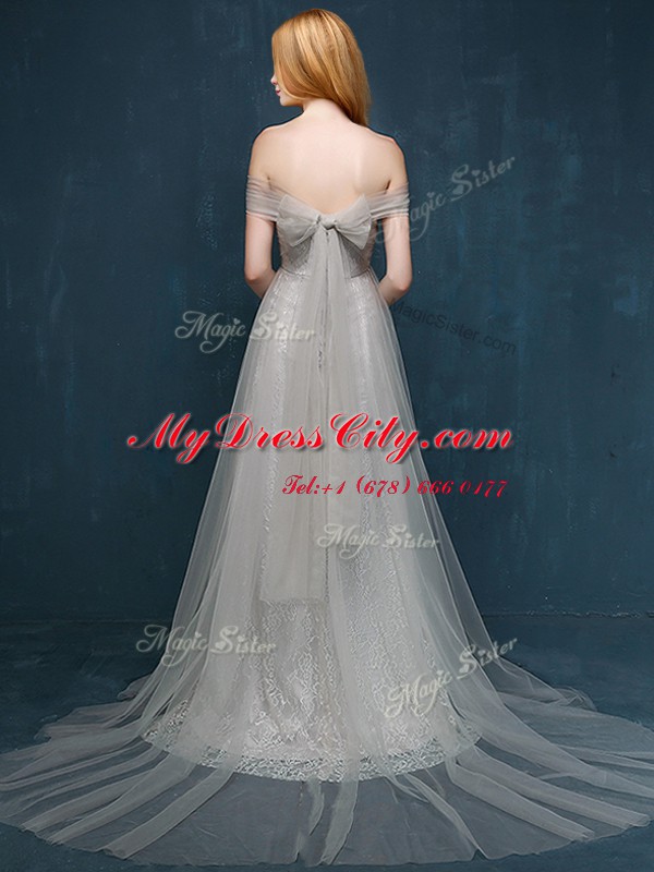 Noble Brush Train A-line Prom Dresses Grey One Shoulder Tulle and Lace Sleeveless With Train Zipper