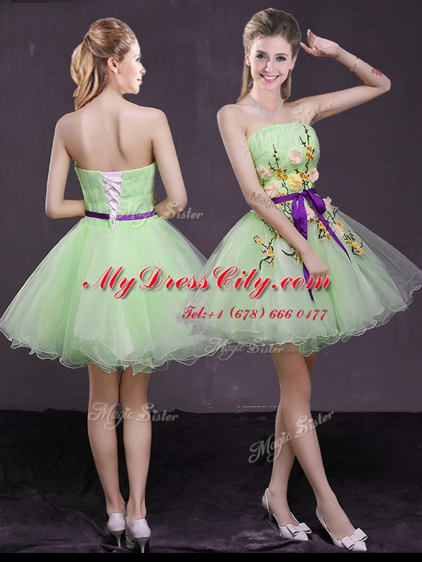 A-line Organza Strapless Sleeveless Appliques and Belt Mini Length Lace Up Prom Dress