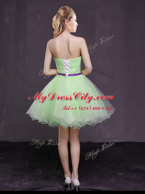 A-line Organza Strapless Sleeveless Appliques and Belt Mini Length Lace Up Prom Dress