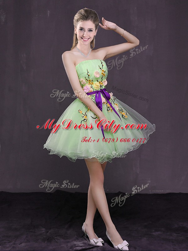 A-line Organza Strapless Sleeveless Appliques and Belt Mini Length Lace Up Prom Dress