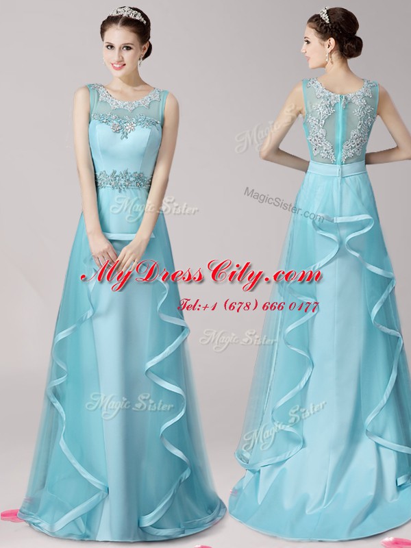 Exquisite Scoop Aqua Blue Zipper Prom Party Dress Appliques and Ruffles Sleeveless With Brush Train