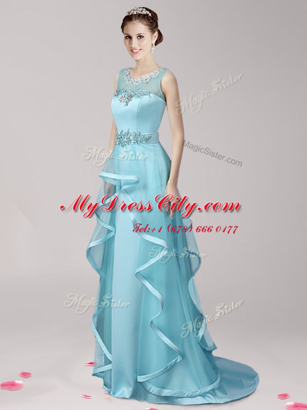 Exquisite Scoop Aqua Blue Zipper Prom Party Dress Appliques and Ruffles Sleeveless With Brush Train