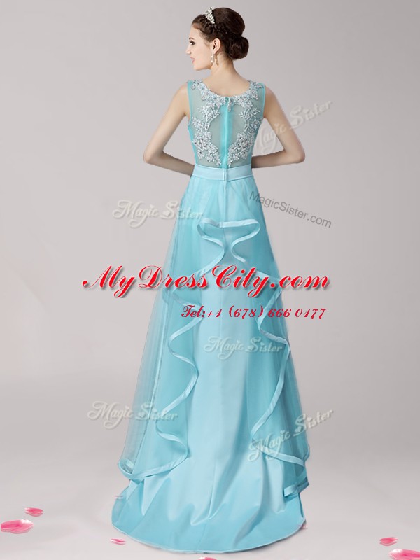 Exquisite Scoop Aqua Blue Zipper Prom Party Dress Appliques and Ruffles Sleeveless With Brush Train