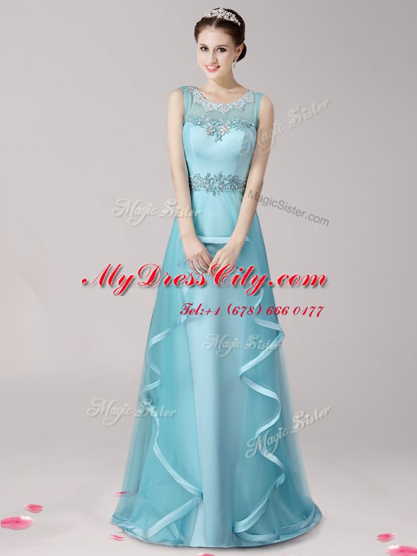 Exquisite Scoop Aqua Blue Zipper Prom Party Dress Appliques and Ruffles Sleeveless With Brush Train