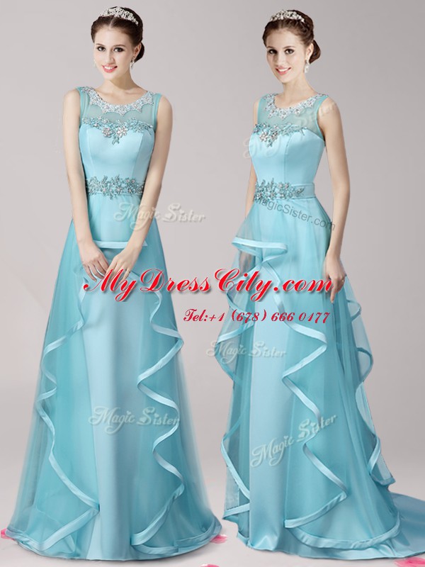 Exquisite Scoop Aqua Blue Zipper Prom Party Dress Appliques and Ruffles Sleeveless With Brush Train