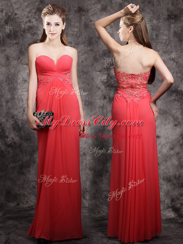 Best Sleeveless Chiffon Floor Length Zipper Prom Dresses in Red with Appliques