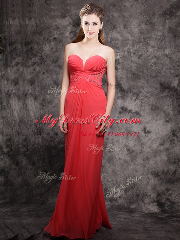 Best Sleeveless Chiffon Floor Length Zipper Prom Dresses in Red with Appliques