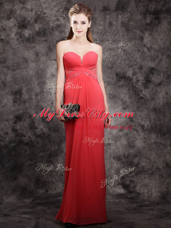 Best Sleeveless Chiffon Floor Length Zipper Prom Dresses in Red with Appliques