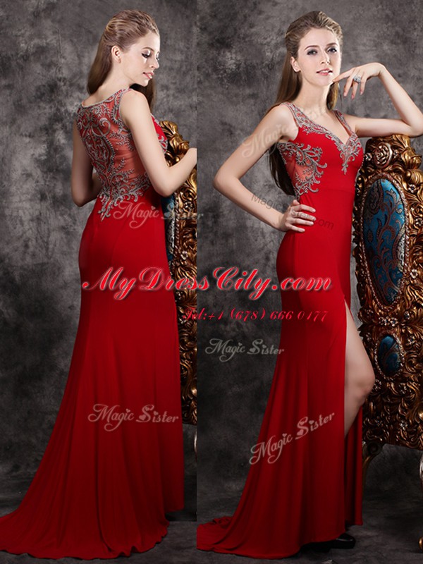 Gorgeous Red Chiffon Zipper Sleeveless With Train Evening Dress Brush Train Appliques