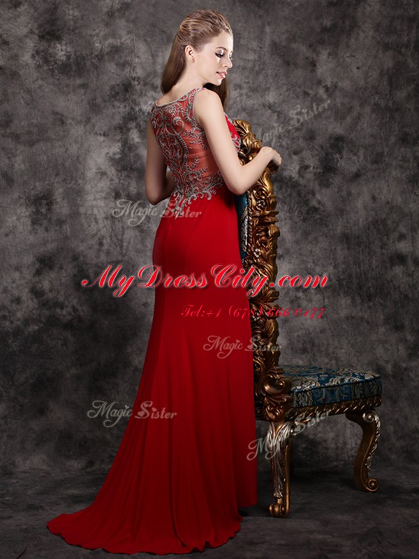 Gorgeous Red Chiffon Zipper Sleeveless With Train Evening Dress Brush Train Appliques