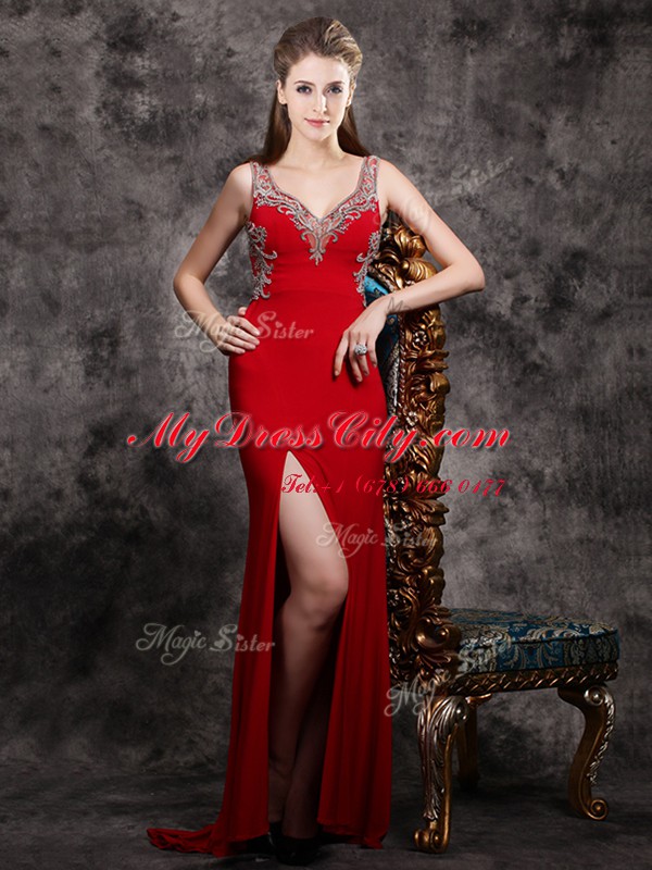 Gorgeous Red Chiffon Zipper Sleeveless With Train Evening Dress Brush Train Appliques