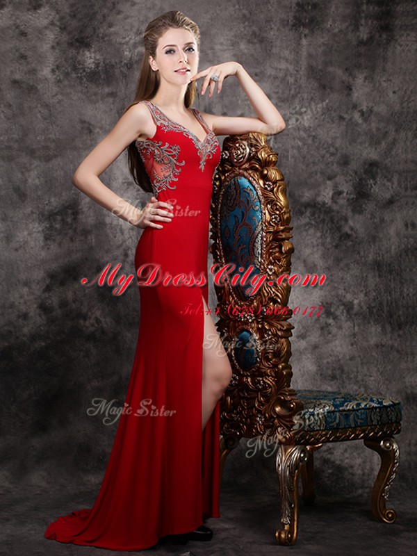 Gorgeous Red Chiffon Zipper Sleeveless With Train Evening Dress Brush Train Appliques