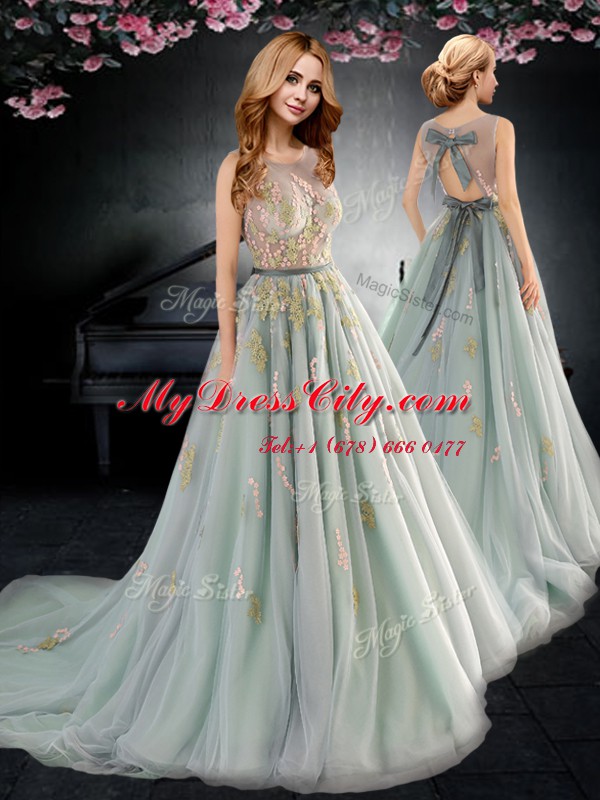 Inexpensive Scoop With Train Backless Prom Dresses Apple Green for Prom with Appliques and Bowknot Brush Train