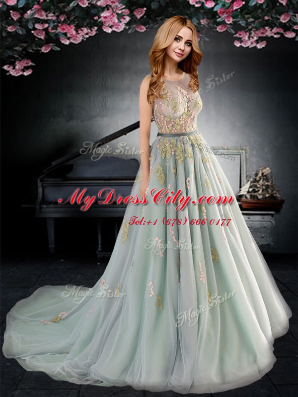 Inexpensive Scoop With Train Backless Prom Dresses Apple Green for Prom with Appliques and Bowknot Brush Train