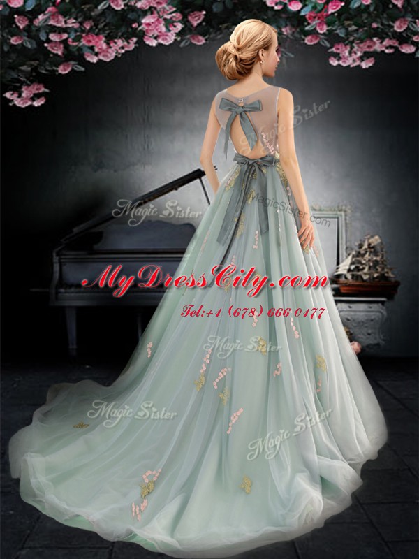 Inexpensive Scoop With Train Backless Prom Dresses Apple Green for Prom with Appliques and Bowknot Brush Train