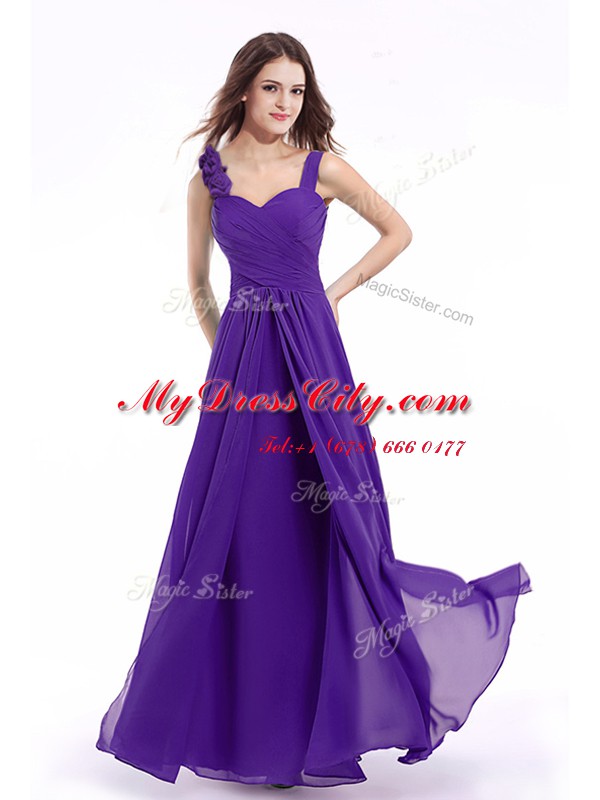 Purple Chiffon Zipper Straps Sleeveless Floor Length Homecoming Dress Hand Made Flower