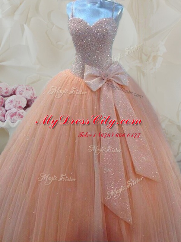 Charming Peach Sleeveless Tulle Lace Up Dress for Prom for Prom