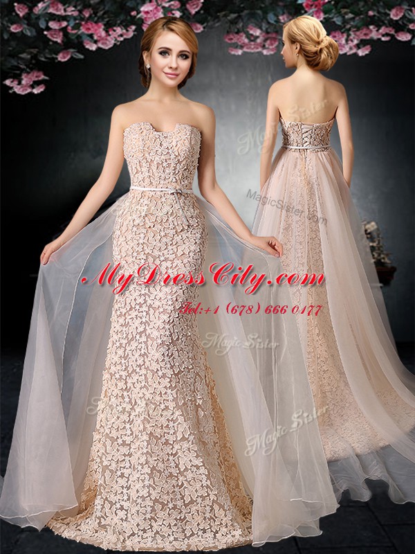 Spectacular With Train Peach Prom Dress Strapless Sleeveless Brush Train Lace Up