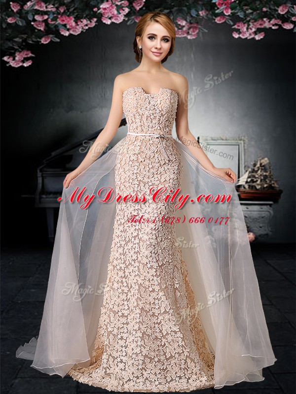 Spectacular With Train Peach Prom Dress Strapless Sleeveless Brush Train Lace Up