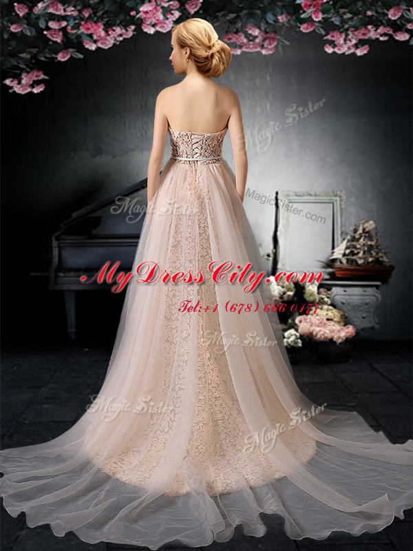 Spectacular With Train Peach Prom Dress Strapless Sleeveless Brush Train Lace Up