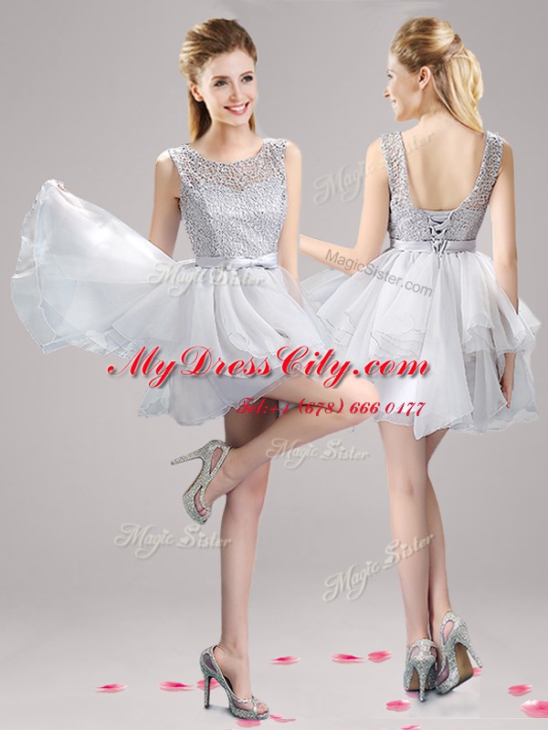 Exquisite Scoop Sleeveless Lace Up Mini Length Lace and Ruffles and Bowknot Party Dress Wholesale