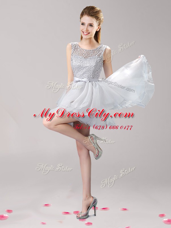 Exquisite Scoop Sleeveless Lace Up Mini Length Lace and Ruffles and Bowknot Party Dress Wholesale