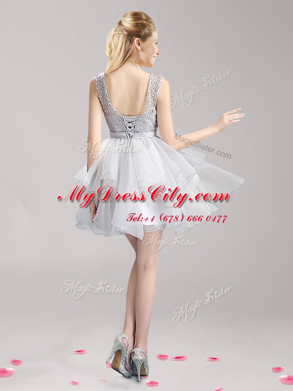 Exquisite Scoop Sleeveless Lace Up Mini Length Lace and Ruffles and Bowknot Party Dress Wholesale