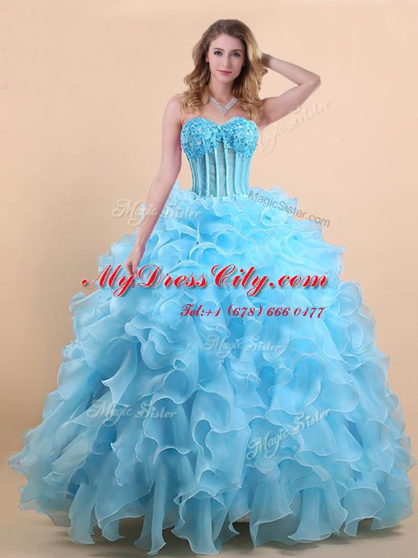 Dynamic Light Blue Sweetheart Lace Up Appliques and Ruffles 15 Quinceanera Dress Sleeveless