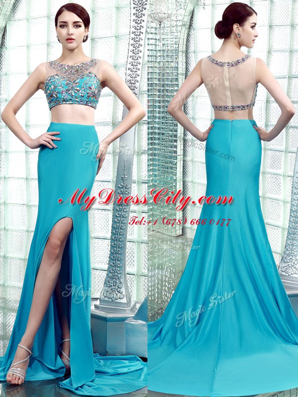 Hot Sale Scoop Aqua Blue Sleeveless With Train Beading Zipper