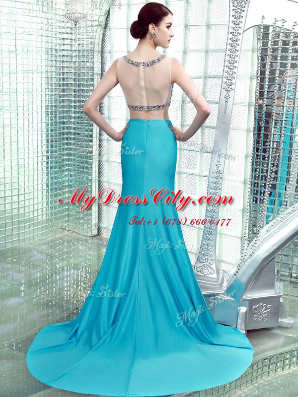 Hot Sale Scoop Aqua Blue Sleeveless With Train Beading Zipper