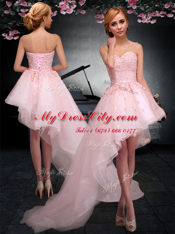 Luxury Sweetheart Sleeveless Hoco Dress Asymmetrical Appliques Baby Pink Tulle