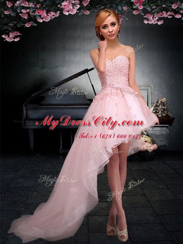 Luxury Sweetheart Sleeveless Hoco Dress Asymmetrical Appliques Baby Pink Tulle