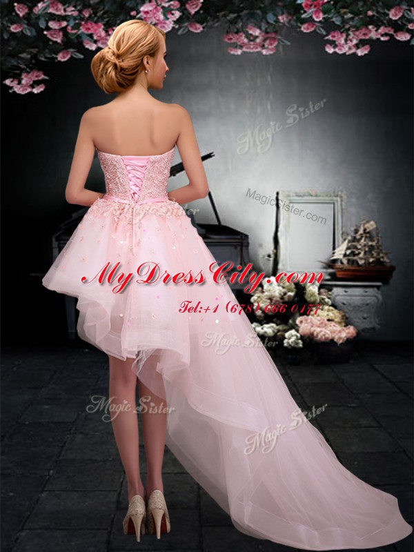 Luxury Sweetheart Sleeveless Hoco Dress Asymmetrical Appliques Baby Pink Tulle