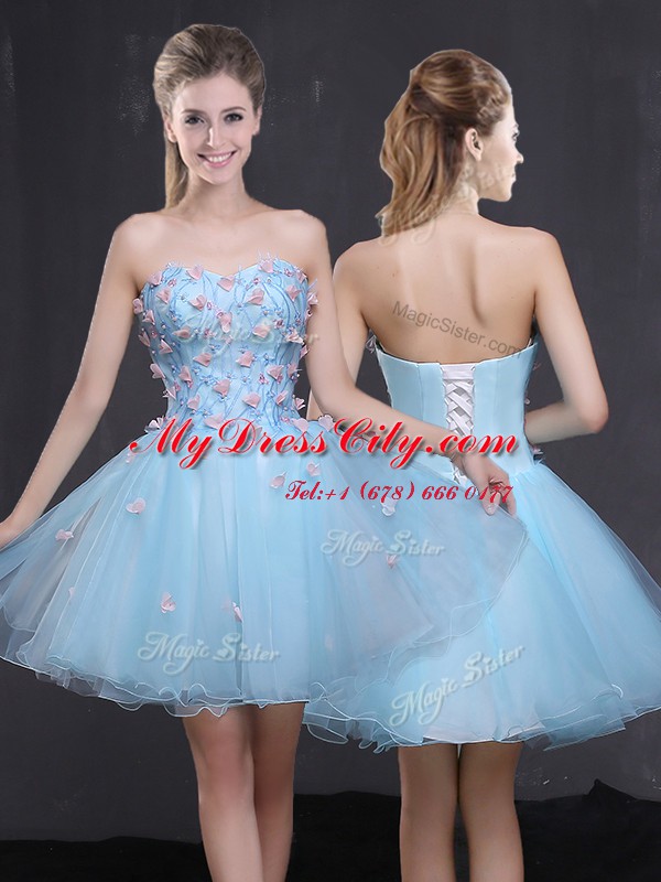 Sleeveless Organza Mini Length Lace Up Custom Made in Light Blue with Appliques