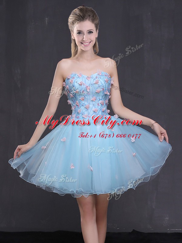 Sleeveless Organza Mini Length Lace Up Custom Made in Light Blue with Appliques