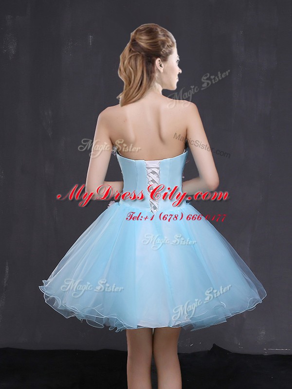 Sleeveless Organza Mini Length Lace Up Custom Made in Light Blue with Appliques