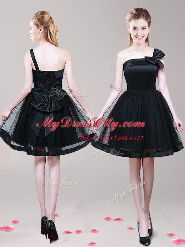 Elegant Black One Shoulder Neckline Bowknot Prom Party Dress Sleeveless Zipper