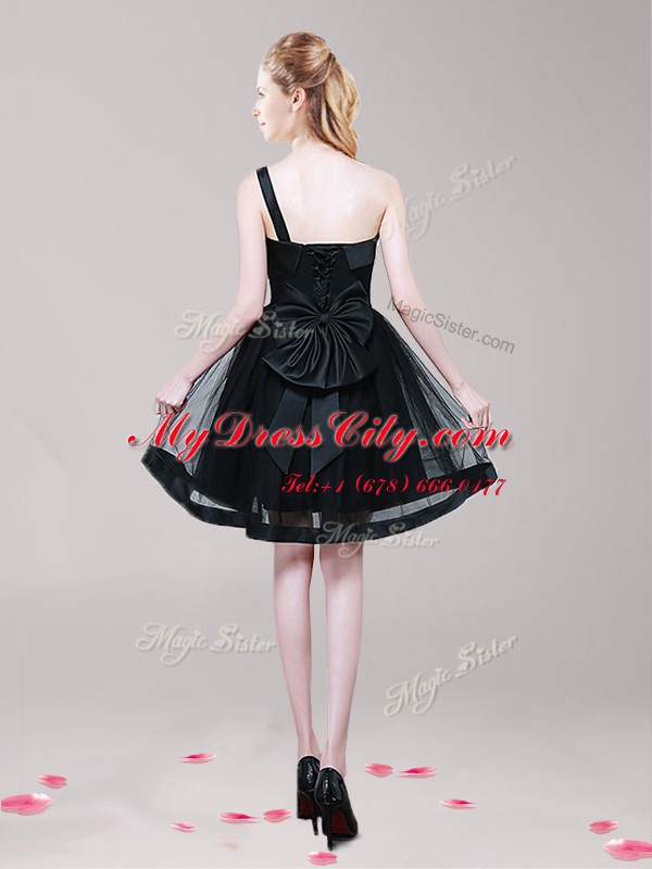 Elegant Black One Shoulder Neckline Bowknot Prom Party Dress Sleeveless Zipper