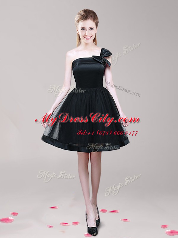 Elegant Black One Shoulder Neckline Bowknot Prom Party Dress Sleeveless Zipper