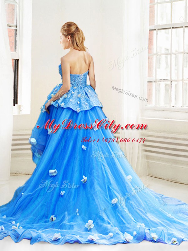 Strapless Sleeveless Lace Up Ball Gown Prom Dress Blue Organza