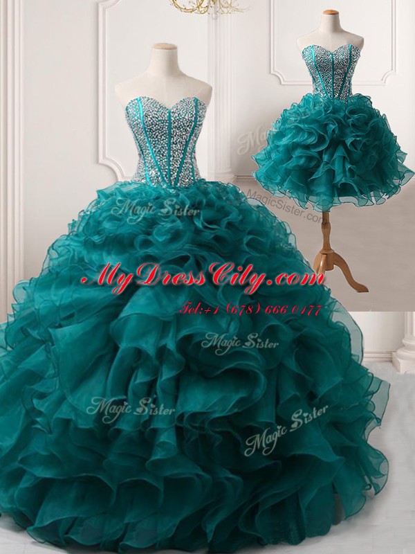 Peacock Green Ball Gowns Sweetheart Sleeveless Organza Floor Length Lace Up Beading and Ruffles Juniors Evening Dress